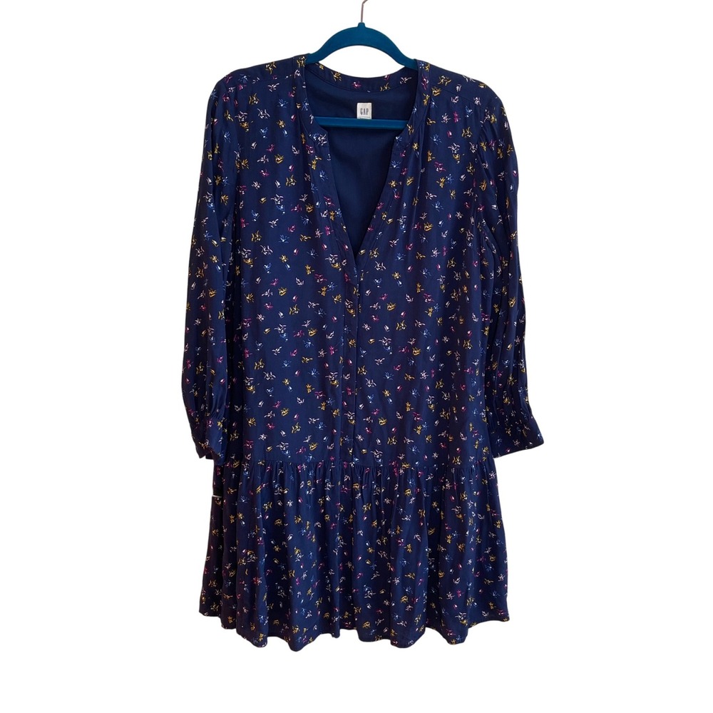 Gap Floral Drop Waist Dress Womens 16 Navy Blue Boho Ruffle Long Sleeve Shift